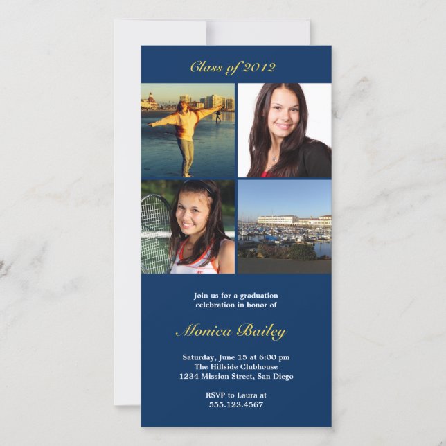 Navy picture block graduation announcement invite (Front)