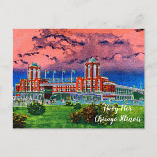 Navy Pier Chicago 1920's Watercolor Art Windy City Postcard