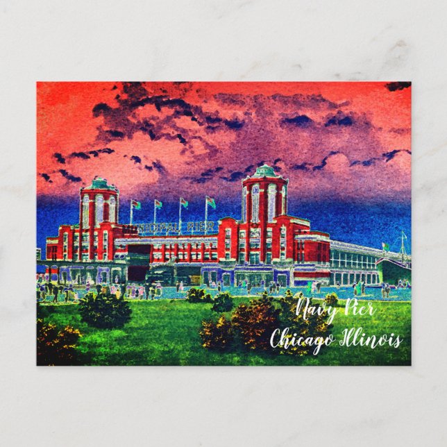 Navy Pier Chicago 1920's Watercolor Art Windy City Postcard (Front)