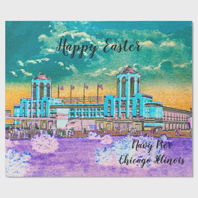 Navy Pier Chicago 1920's Watercolor Easter Colours Wrapping Paper (Flat)