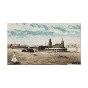 Navy Pier From Lake  Chicago 1920's Watercolor Art Canvas Print