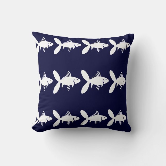 navy pillow solid back white tile fish pattern (Front)