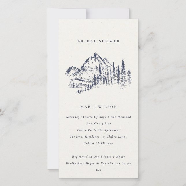 Navy Pine Mountain Sketch Bridal Shower Invite (Front)