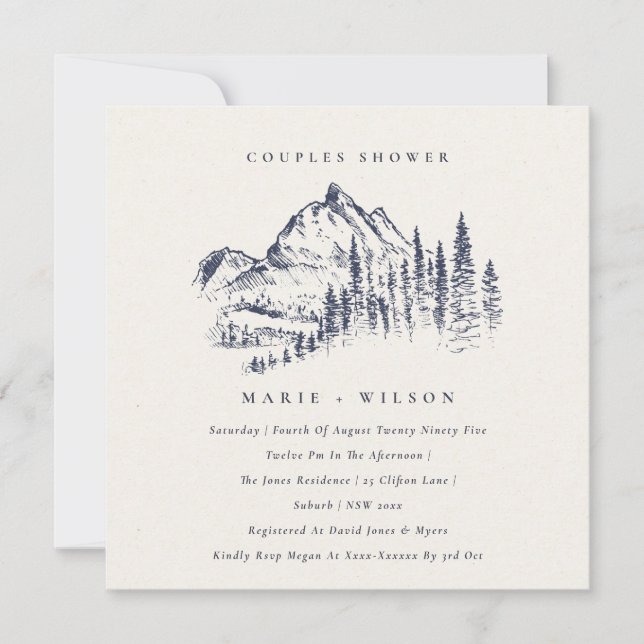 Navy Pine Mountain Sketch Couples Shower Invite (Front)