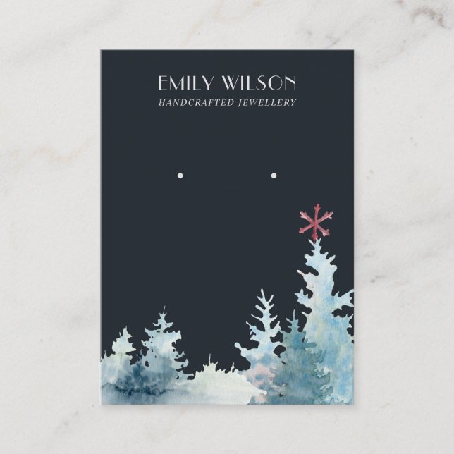 NAVY PINE TREE WINTER FOREST STUD EARRING DISPLAY BUSINESS CARD (Front)