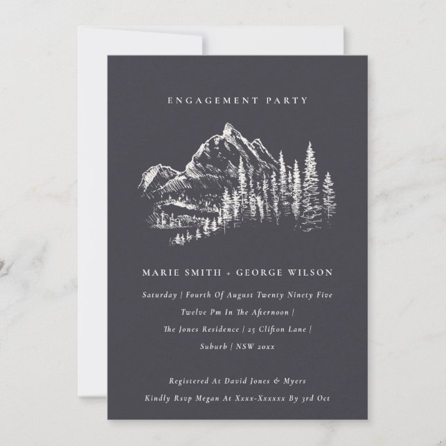 Navy Pine Woods Mountain Sketch Engagement Invite (Front)