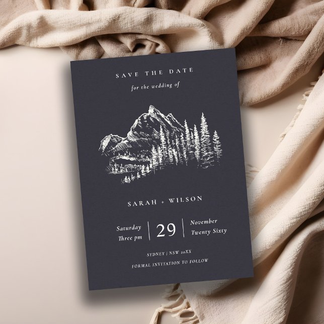 Navy Pine Woods Mountain Sketch Save The Date Card (Creator Uploaded)