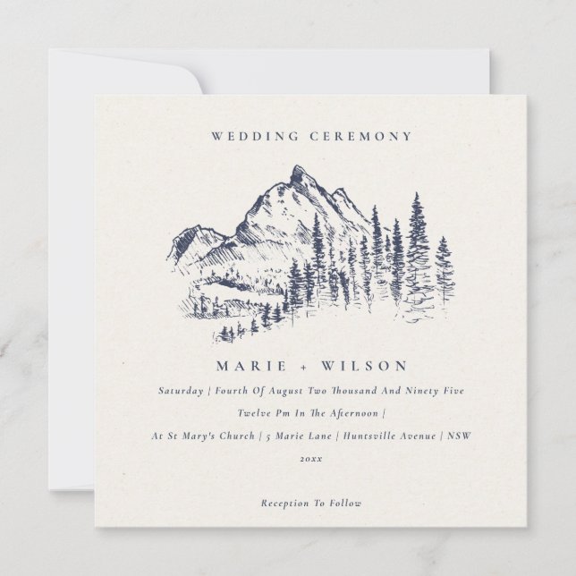 Navy Pine Woods Mountain Sketch Wedding Invitation (Devant)