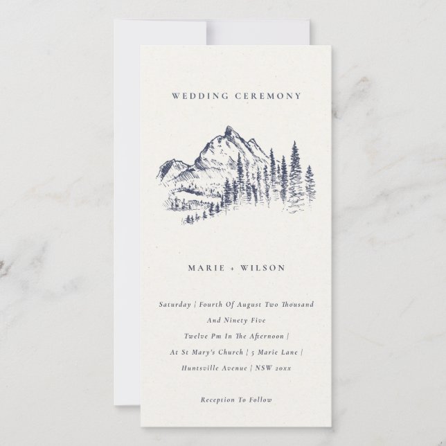 Navy Pine Woods Mountain Sketch Wedding Invite (Front)