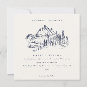 Navy Pine Woods Mountain Sketch Wedding Invite