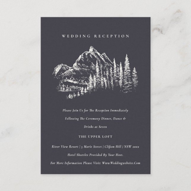 Navy Pine Woods Mountain Sketch Wedding Reception Enclosure Card (Front)