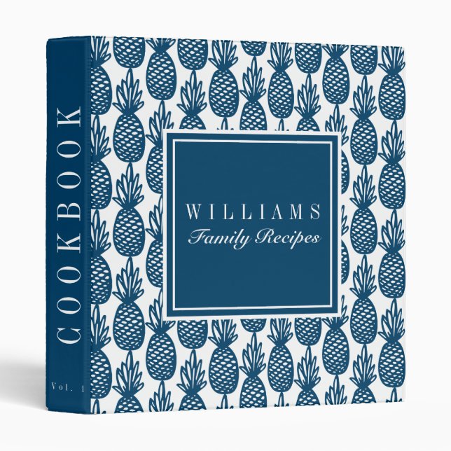 Navy Pineapple Pattern Family Recipe Cookbook Binder (Front/Spine)