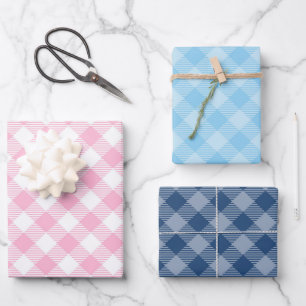 Navy, Pink and Blue Plaid  Wrapping Paper Sheet