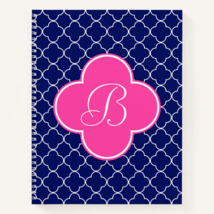 Navy Pink and White Quatrefoil Monogram Notebook
