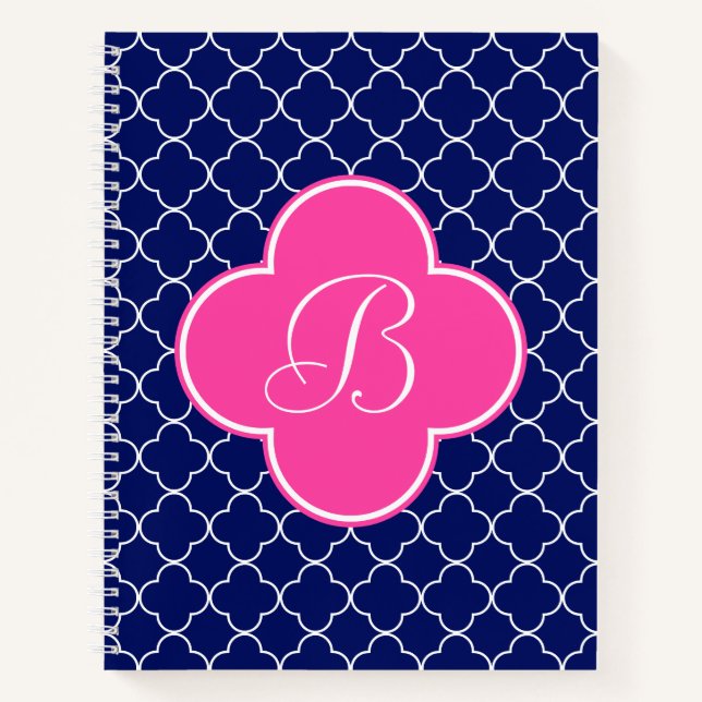 Navy Pink and White Quatrefoil Monogram Notebook (Front)