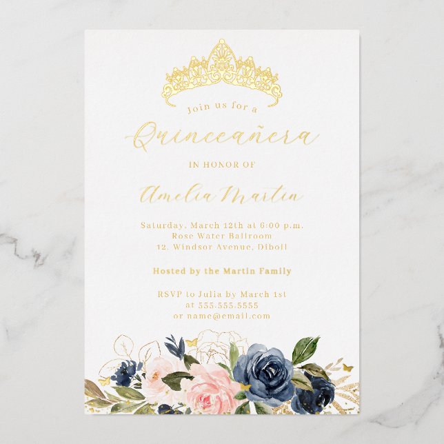 Navy Pink Blooming Floral Butterfly Quinceanera (Front)