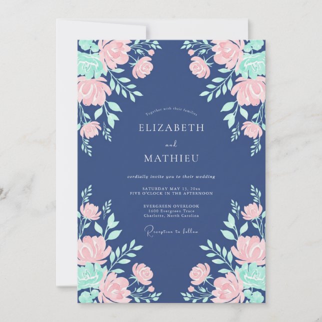 Navy Pink Blossom Floral Wedding Invitation (Front)