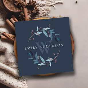 NAVY PINK BLUE FOLIAGE INITIAL WREATH PROFESSIONAL SQUARE BUSINESS CARD