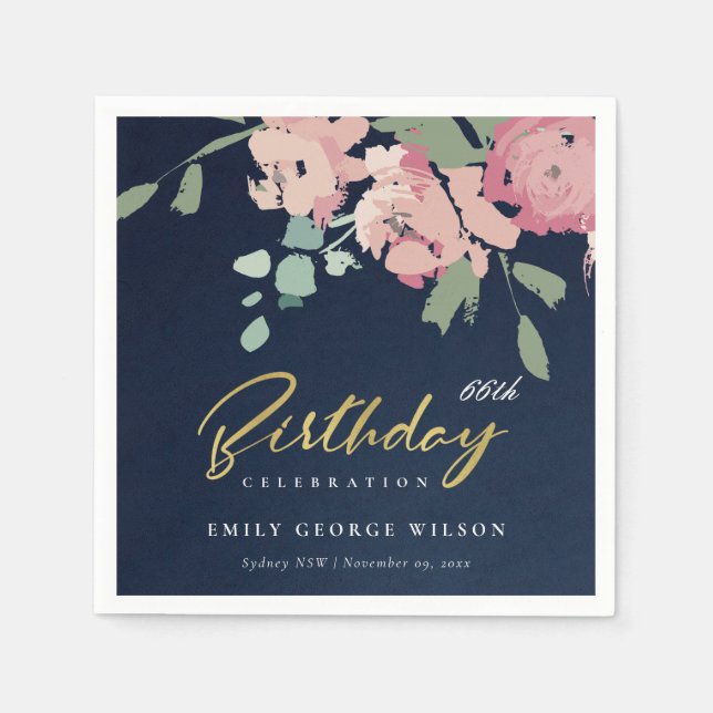 NAVY PINK BLUE GOLD PEONY FLORAL ANY AGE BIRTHDAY NAPKIN (Front)