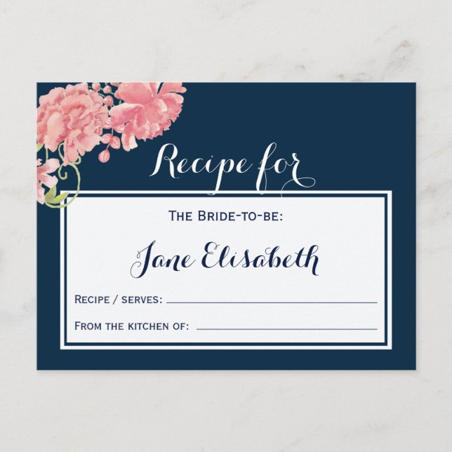Navy pink blush floral bride to be recipe card (Front)