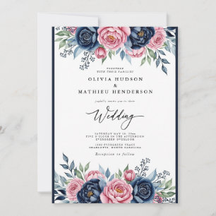 Navy Pink Botanical Bliss Wedding Invitation