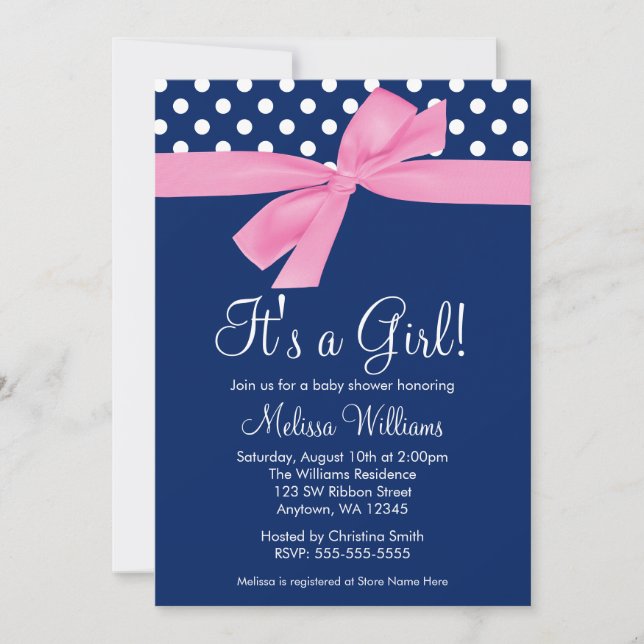 Navy Pink Bow Polka Dot Baby Shower Invitations (Front)