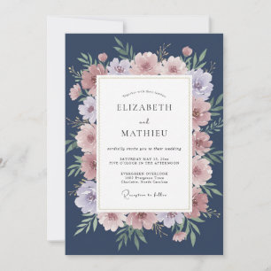 Navy Pink Dusty Floral Wedding Invitation