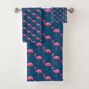 NAVY PINK FLAMINGO BATHROOM TOWEL SET