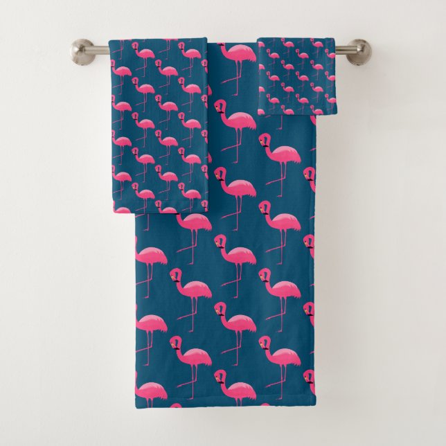 NAVY PINK FLAMINGO BATHROOM TOWEL SET (Insitu)