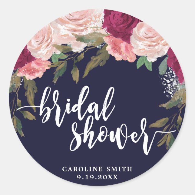 Navy pink floral bridal shower sticker favours (Front)