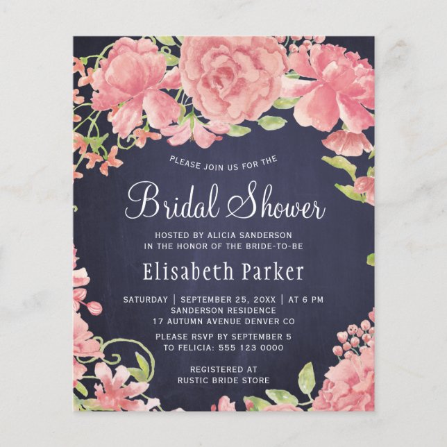 Navy pink floral budget bridal shower invitation (Front)