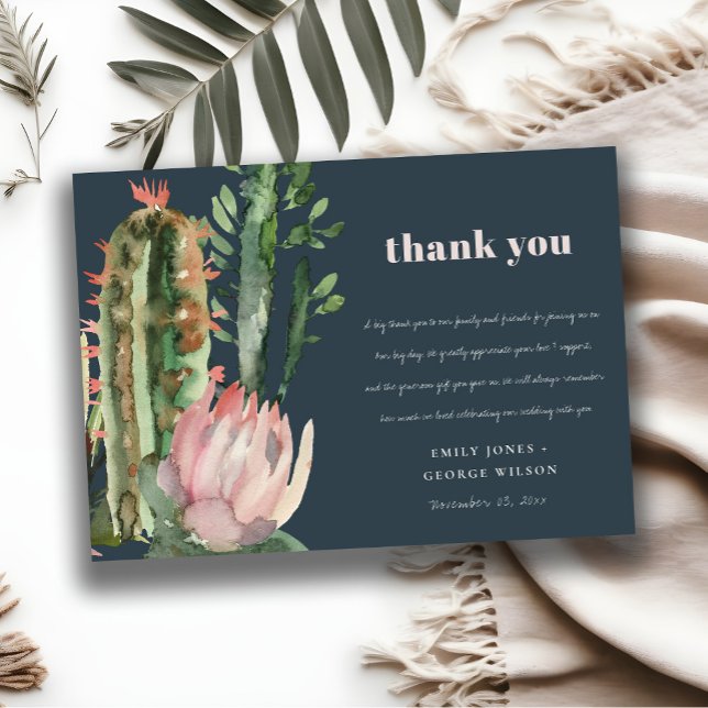NAVY PINK FLORAL CACTI FOLIAGE WEDDING THANK YOU INVITATION (Creator Uploaded)