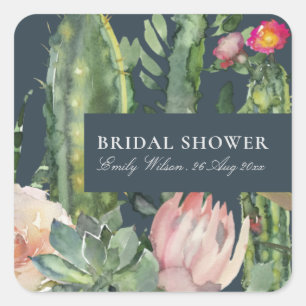 NAVY PINK FLORAL DESERT CACTI FAUNA BRIDAL SHOWER SQUARE STICKER