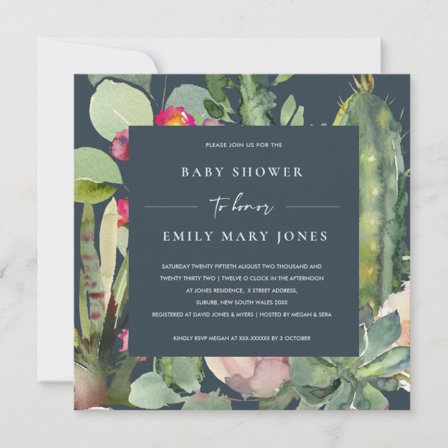 NAVY PINK FLORAL DESERT CACTI FOLIAGE BABY SHOWER INVITATION (Front)