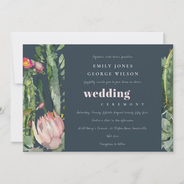 NAVY PINK FLORAL DESERT CACTI WATERCOLOR WEDDING INVITATION (Front)