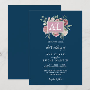 Navy Pink Floral Frame Watercolor Wedding Invitation