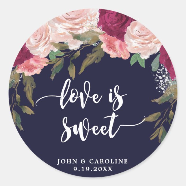 Navy pink floral love is sweet sticker favours (Front)