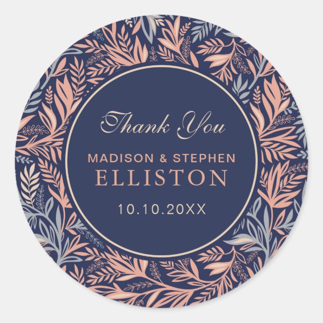 Navy & Pink Floral & Plant Pattern | Thank You Classic Round Sticker (Front)