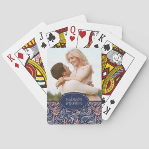 Navy & Pink Floral & Plant Pattern - Wedding Photo Playing Cards