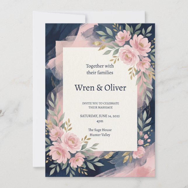 Navy Pink Floral Wedding Invitation (Front)