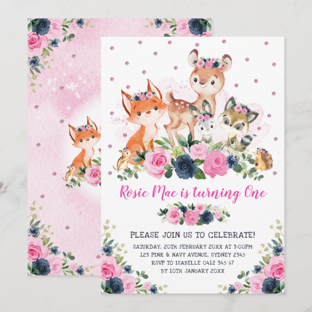Navy Pink Floral Woodland Forest Animals Birthday Invitation (Front/Back)