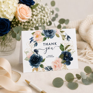Navy Pink Floral Wreath Baby Shower Thank You Card