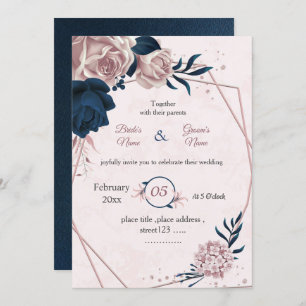 navy & pink flowers botanical geometric wedding invitation