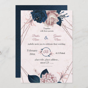 navy & pink flowers botanical geometric wedding invitation
