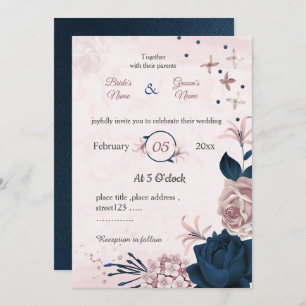 navy & pink flowers botanical wedding invitation