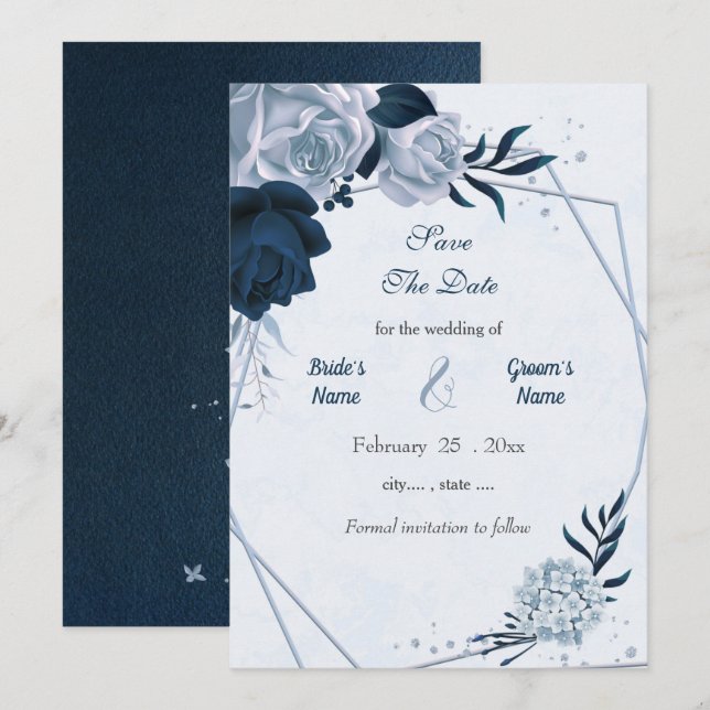 Navy & pink flowers geometric save the date (Front/Back)
