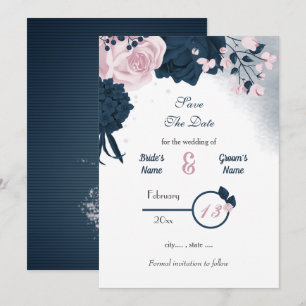 Navy & pink flowers romantic  save the date