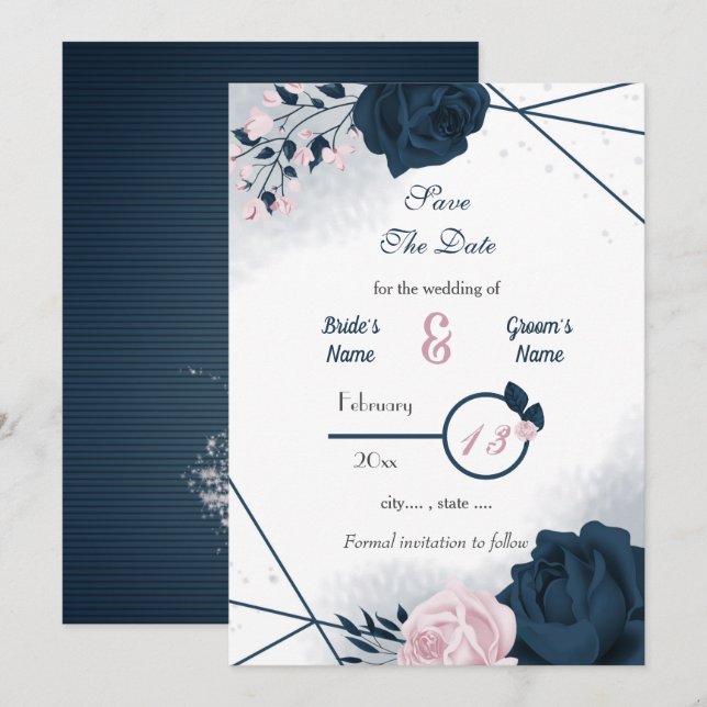 Navy & pink flowers romantic  save the date (Front/Back)