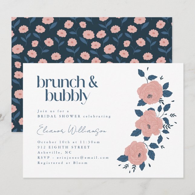 Navy Pink Garden Flower Brunch Bubbly Shower Invitation (Front/Back)