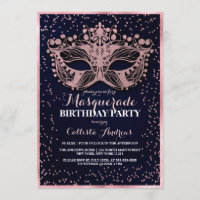 Navy Pink Glitter Confetti Masquerade Birthday